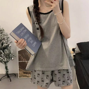 薄款 家居服套装 韩版 短裤 可爱学生卡通KT猫无袖 2025睡衣女夏背心款
