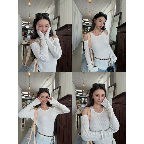 MINI STUDIO 徐琳「心机纸片人」轻熟感温柔露肩坑条针织收腰上衣