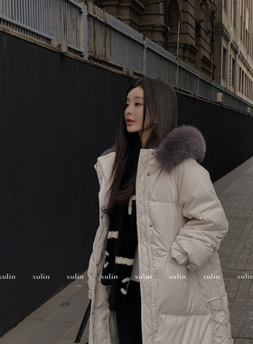 MINI STUDIO徐琳 圣诞礼物 秋冬系带款连帽90白鸭绒长款羽绒服