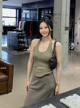 MINI STUDIO徐琳  法式别致u领外穿打底露背无袖挂脖上衣