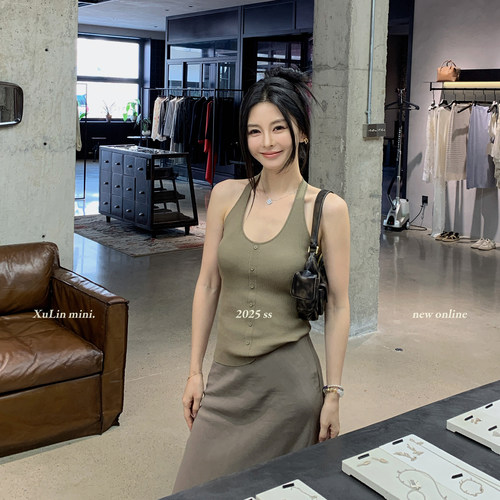 MINI STUDIO徐琳  法式别致u领外穿打底露背无袖挂脖上衣