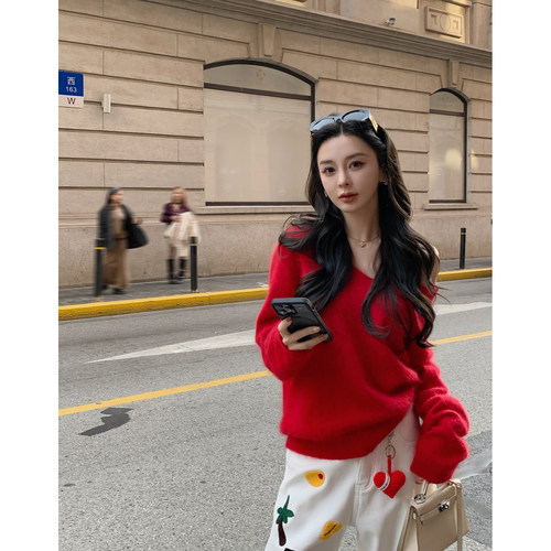 徐琳mini宽松慵懒风V领针织毛衣