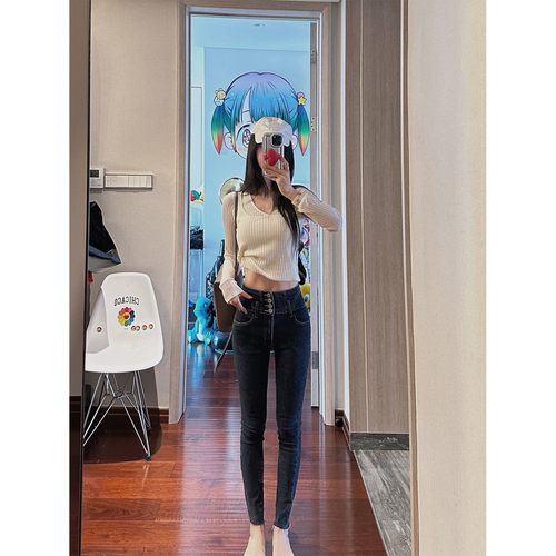 MINI STUDIO徐琳长腿姐姐 复古高腰多排扣修身牛仔小脚裤