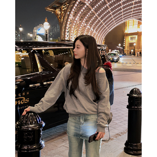 MINI 斜露肩卫衣 STUDIO徐琳「心动crush」韩系休闲设计感廓形长袖