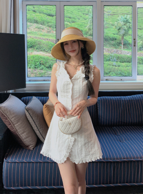 MINI STUDIO徐琳  「浮雕茶花」轻甜翻领小白花花边提花连衣裙