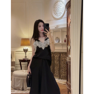 MINI STUDIO徐琳「格调蕾丝」手工坊蕾丝撞色仿醋酸吊带裙