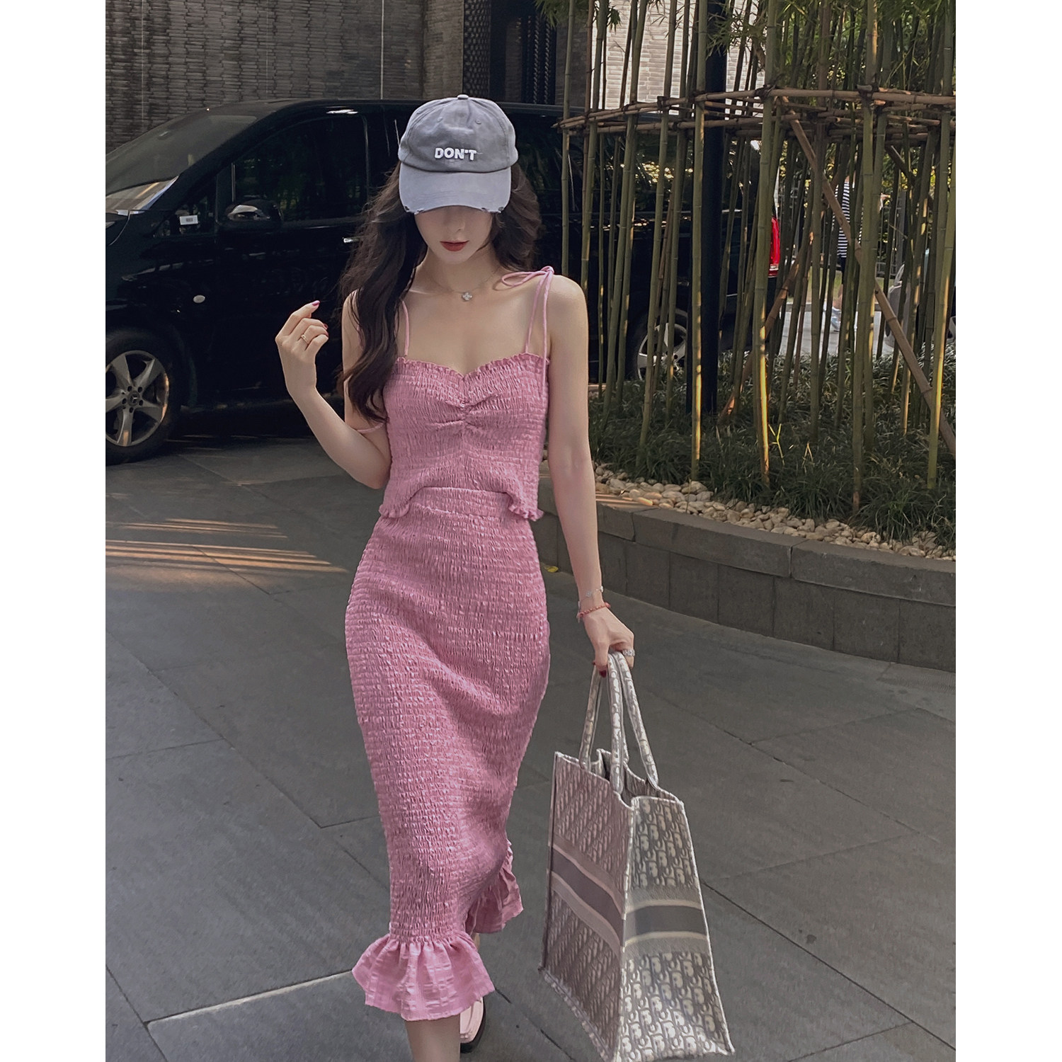 徐琳mini粉色高腰打揽褶皱半身裙女中长款夏季新款修身包臀鱼尾裙