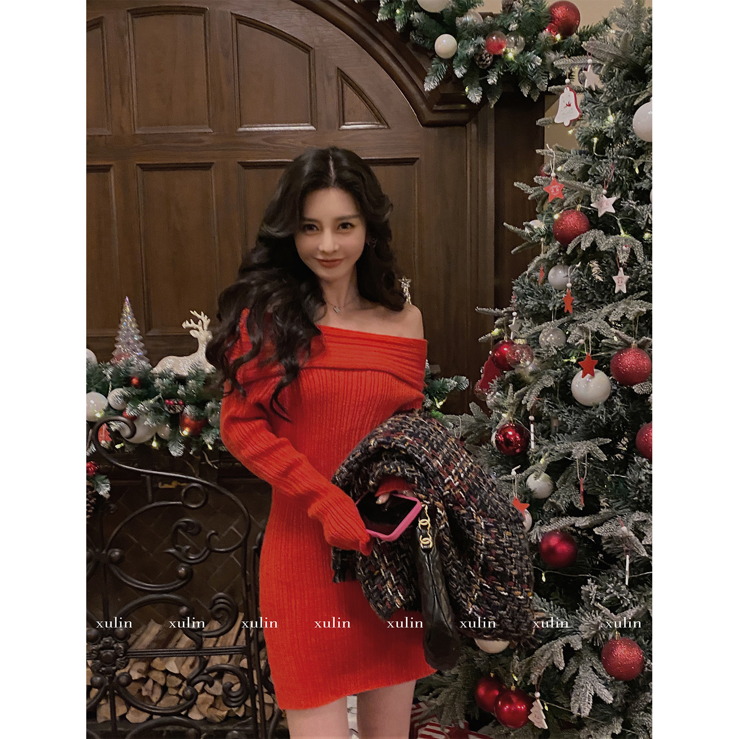 徐琳mini  高级复古性感紫色连衣裙一字肩修身包芯纱打底毛衣裙