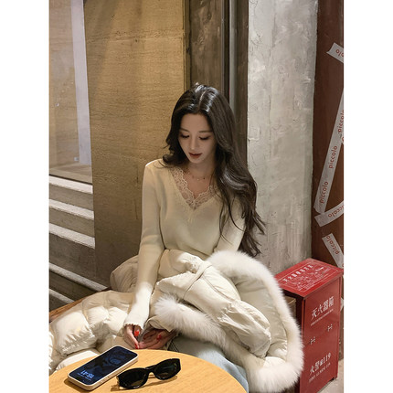 12/2  10AM 徐琳「乖乖打底」蕾丝边拼接v领修身木耳边打底衫上衣