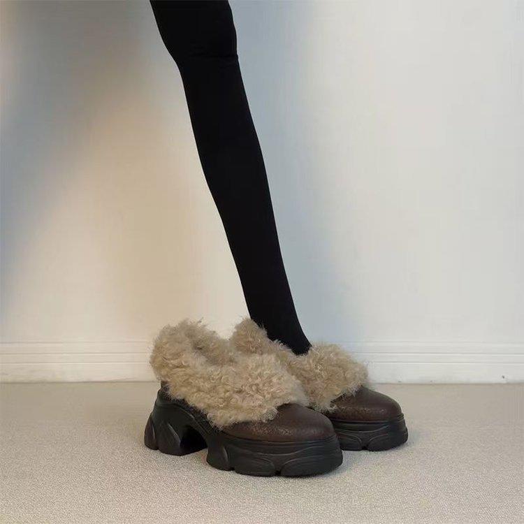 小个子厚底增高棉靴2025冬新款一脚蹬毛毛鞋女百搭加绒保暖小皮鞋