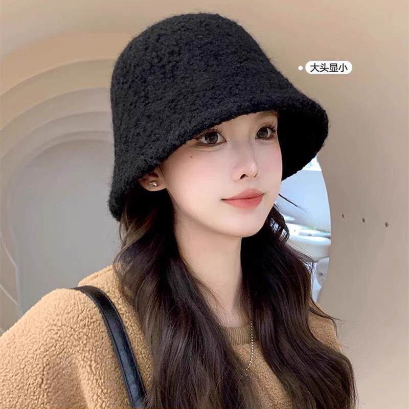帽子女秋冬季羊羔毛渔夫帽黑色素颜显脸小水桶帽大脸保暖毛绒盆帽