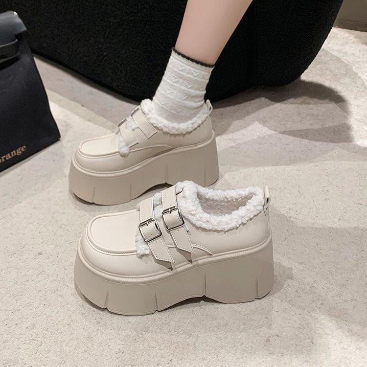 厚底乐福鞋女2025冬新款加绒小个子增高8cm小皮鞋羊羔毛保暖棉鞋