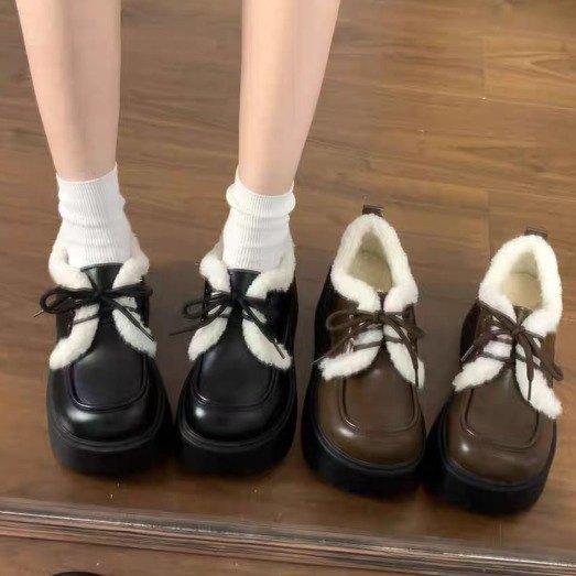 乐福鞋女加绒保暖棉鞋2025新款jk鞋毛毛皮鞋厚底增高英伦风小皮鞋