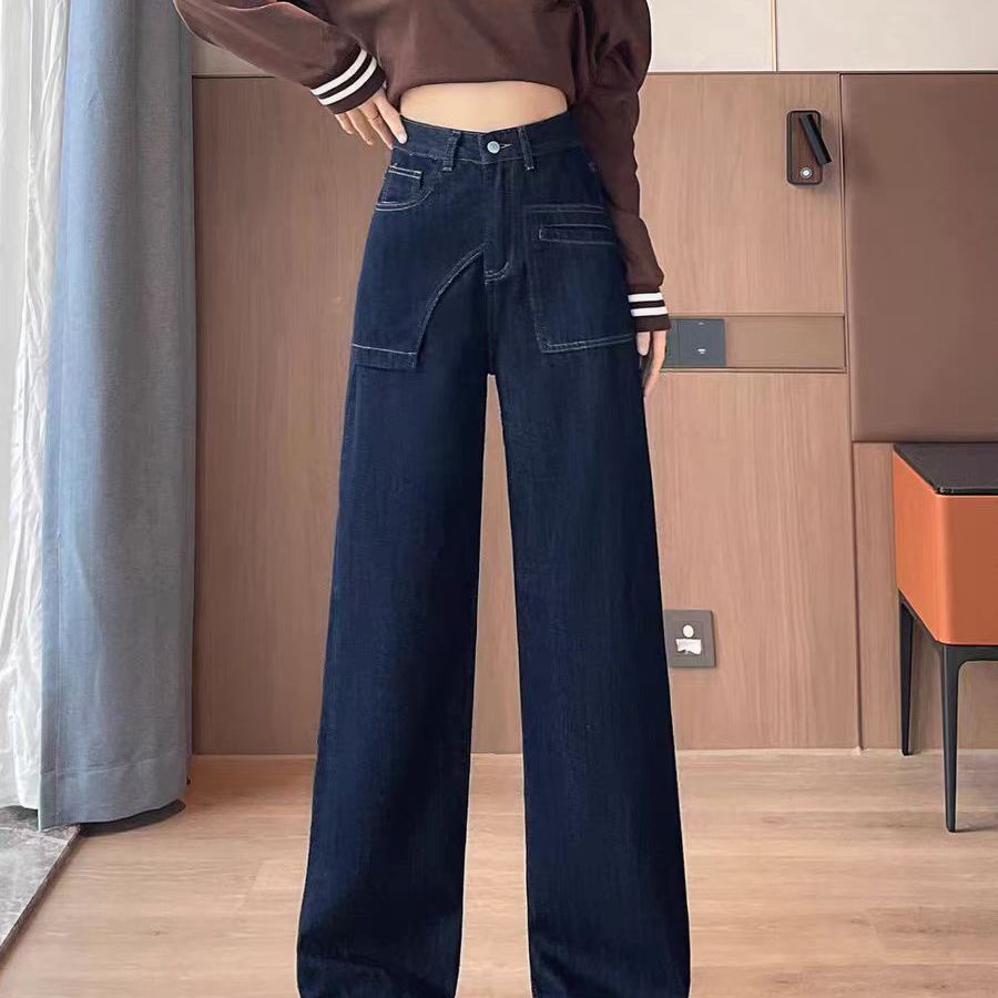 设计感口袋高腰显瘦阔腿牛仔裤女2025秋季新款宽松直筒长裤