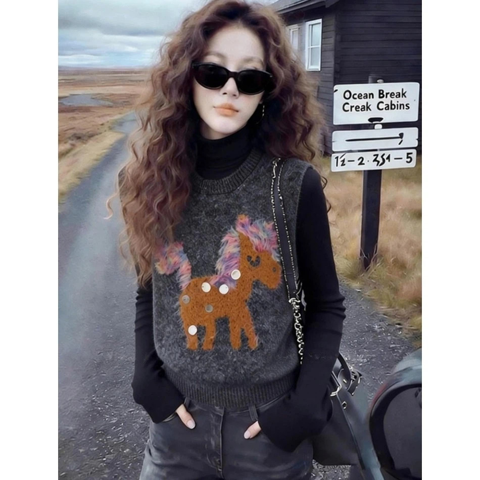 春季新款卡通小马刺绣针织针织马甲女韩系洋气高级感亮片宽松毛衣,女装/女士精品,毛针织衫,淘宝优惠券,粉丝福利购,淘宝优惠卷