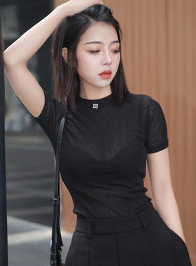 2026夏季新款薄款修身显瘦打底衫微透网纱冰丝百搭女上衣短袖T恤