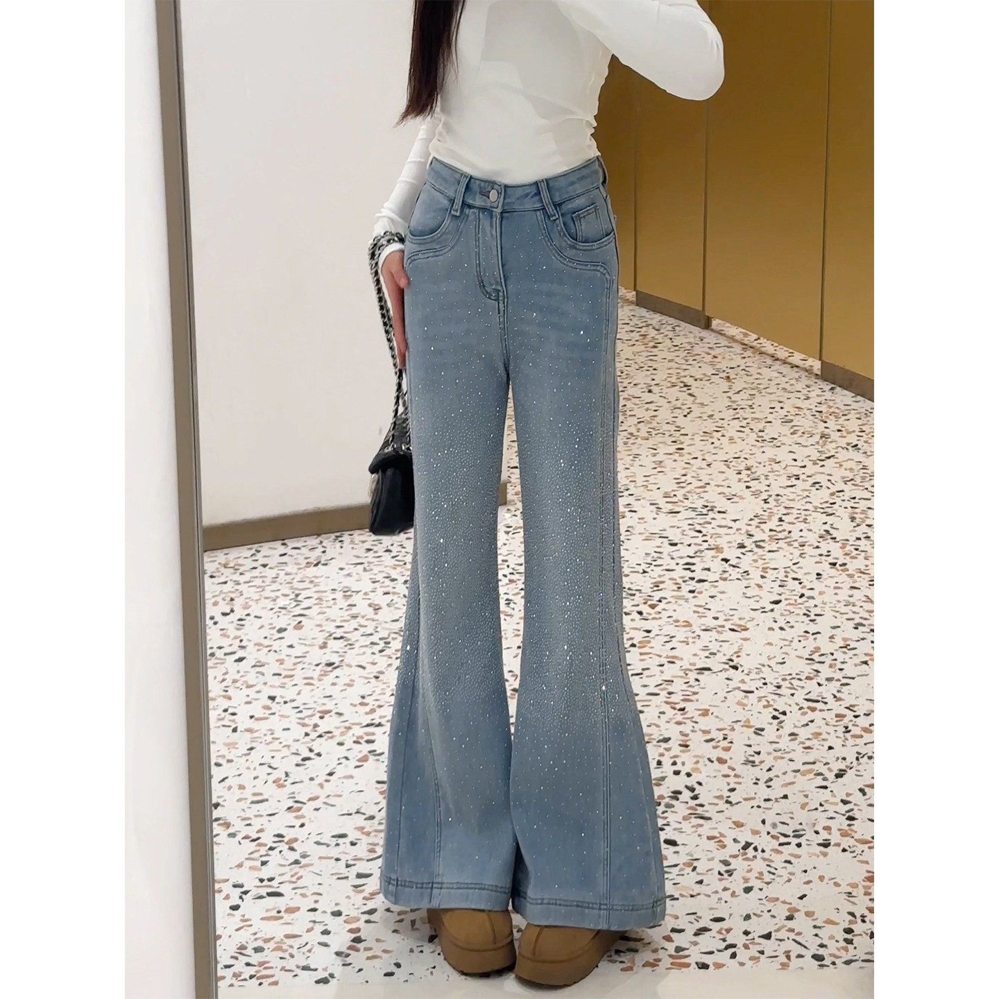 浅蓝色烫钻微喇牛仔裤女2026新款加绒高腰显瘦不贴腿直筒喇叭长裤,女装/女士精品,牛仔裤,淘宝优惠券,粉丝福利购,淘宝优惠卷