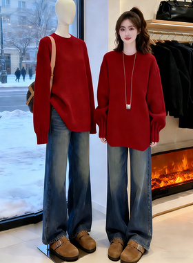 新年红色褶皱长袖圆领针织毛衣女2026新款冬季软糯慵懒风温柔上衣