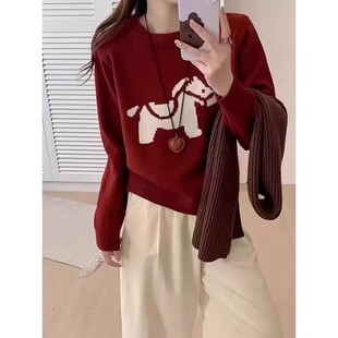 新年小马提花红色针织衫上衣女款春季2026氛围感宽松百搭套头毛衣