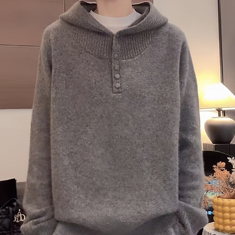 灰色连帽毛衣女秋冬慵懒风宽松显瘦减龄洋气内搭打底针织帽衫上衣