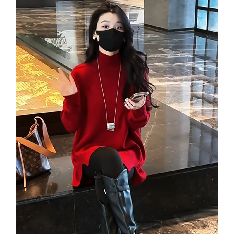 设计感红色开叉下摆开衫高领毛衣女2025春季新款高级感中长款上衣,女装/女士精品,毛针织衫,淘宝优惠券,粉丝福利购,淘宝优惠卷