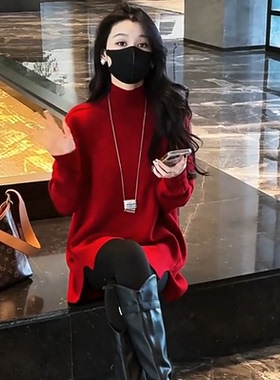 设计感红色开叉下摆开衫高领毛衣女2025春季新款高级感中长款上衣