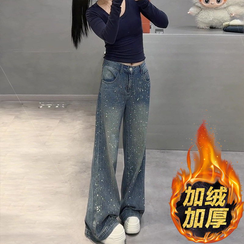 复古蓝满天星烫钻阔腿牛仔裤女春季加绒梨形身材窄版显瘦直筒裤子,女装/女士精品,牛仔裤,淘宝优惠券,粉丝福利购,淘宝优惠卷