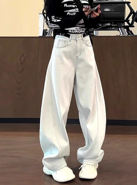 美式白色加绒牛仔裤女冬季2025新款大码胖mm高腰宽松弯刀阔腿裤子