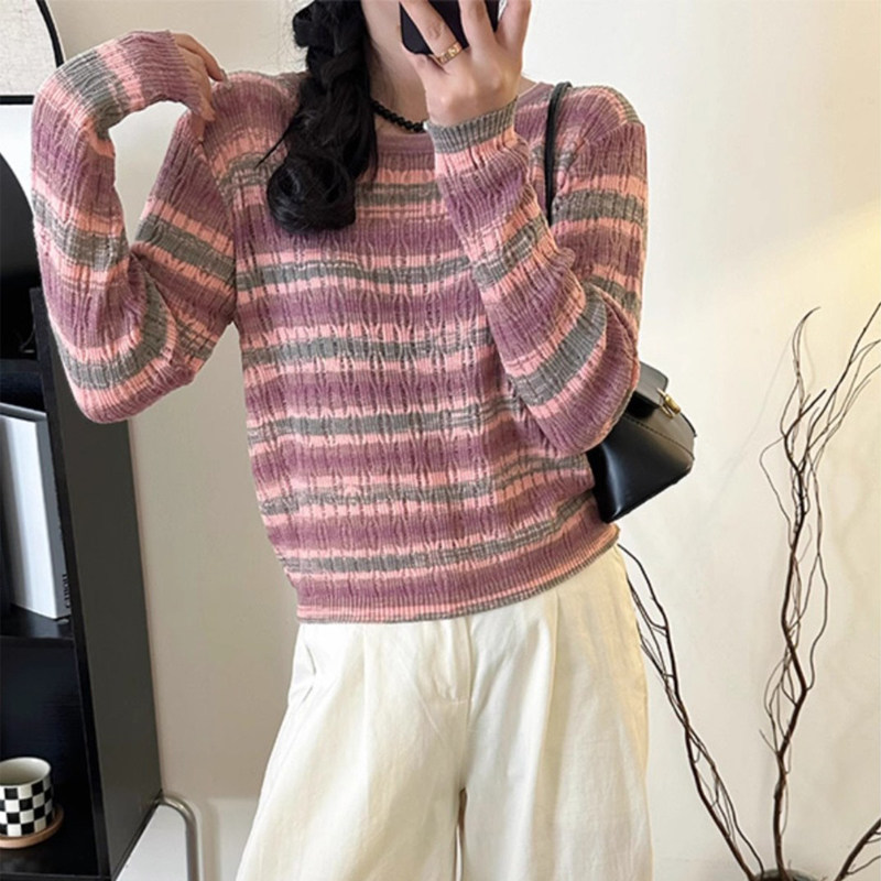 撞色条纹圆领T恤女秋季针织衫长袖法式短款小款设计感上衣小众潮,女装/女士精品,毛针织衫,淘宝优惠券,粉丝福利购,淘宝优惠卷