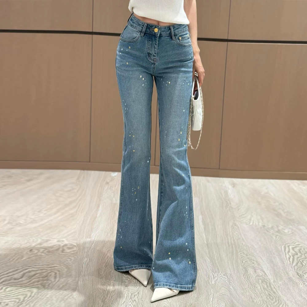 复古烫钻窄版牛仔裤微喇裤女2025年春季新款修身弹力显瘦喇叭长裤