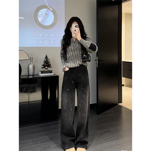 时尚亮片设计感黑色阔腿牛仔裤女2026加绒冬季高腰印花显瘦阔腿裤
