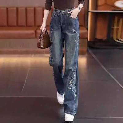 重工刺绣牛仔裤女2025秋季新款时尚高腰宽松显瘦窄版阔腿拖地裤子