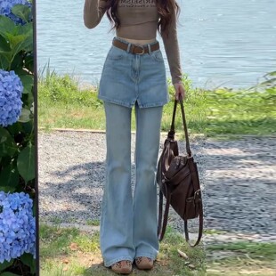 假两件设计蓝色高腰微喇牛仔裤女2026新款夏季修身显瘦屁帘喇叭裤