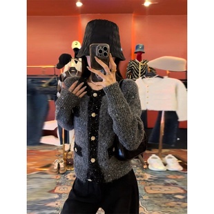 女装 气质绝美亮丝针织开衫 时髦上衣宽松撞色毛衣法式 2024秋冬新款