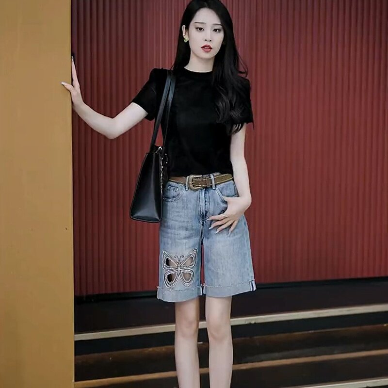 高腰大码牛仔短裤女2024新款爆款夏天薄款刺绣个性小个子五分裤女图片