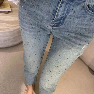 百搭水洗直筒牛仔裤 显瘦弹力重工烫钻九分烟管裤 女 新款 2024春夏季