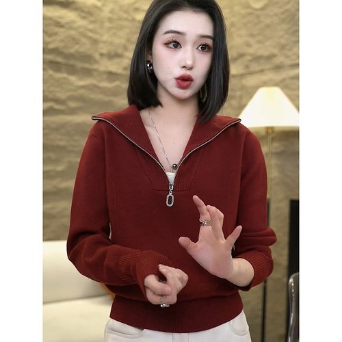 翻领半拉链针织衫上衣女2025秋冬季新款时尚百搭显瘦套头内搭毛衣