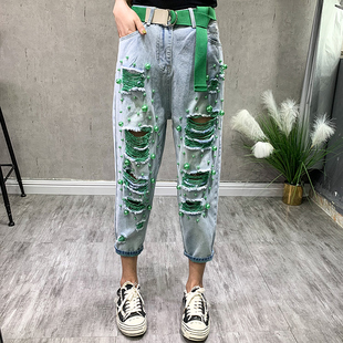 钉珠大破洞牛仔裤女薄款小脚裤百搭显瘦九分宽松高腰乞丐哈伦裤子
