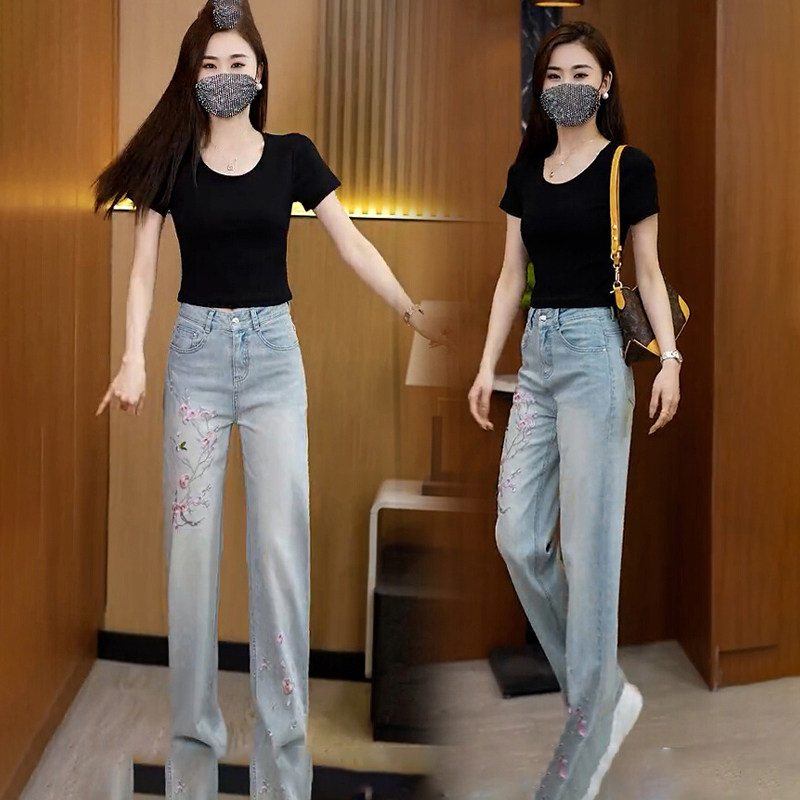 2024国风刺绣窄版直筒裤牛仔裤女2024年新款夏季薄款阔腿女士裤子,女装/女士精品,牛仔裤,淘宝优惠券,粉丝福利购,淘宝优惠卷