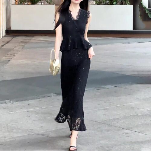 法式黑色蕾丝细闪花边两件套女装