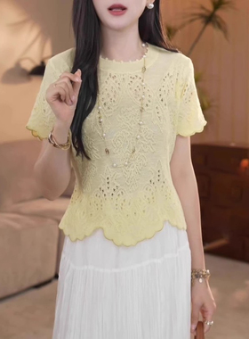 黄色钩花镂空短袖针织衫女夏季2025年新款韩系木耳边减龄显瘦上衣