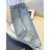 直筒牛仔裤 国风刺绣烟管裤 女春夏款 九分裤 2025今年流行爆款 新中式