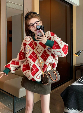 2025早春季新款红色菱格亮片毛衣女内搭慵懒风加厚打底圣诞针织衫