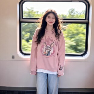 粉色卡通假两件卫衣韩系简约穿搭2026早春网红爆款洋气减龄上衣服