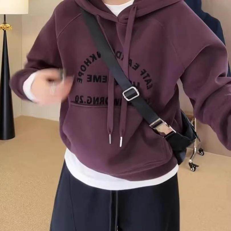 美式紫色连帽卫衣外套大码女装胖mm秋冬宽松慵懒保暖加绒长袖上衣