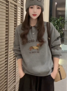 可爱风灰色小狗图案polo领卫衣女2025年冬季加绒加厚长袖上衣潮女