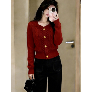 2026早春季慵懒风麻花毛衣女高级感轻奢巨好看红色内搭针织衫上衣
