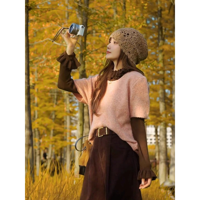 秋季时尚穿搭2025新款百搭长袖木耳边打底衫短袖针织马甲两件套女