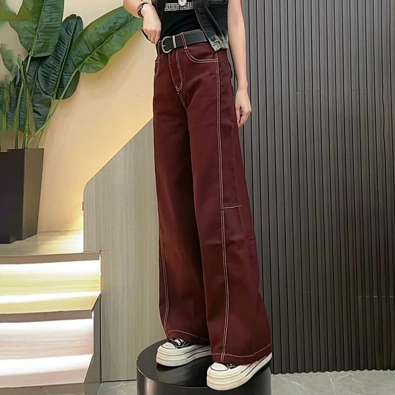 早春新款高腰时髦明线直筒阔腿牛仔裤女2025时尚百搭显瘦拖地长裤