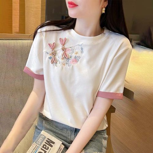 2024夏季新中式国风刺绣花朵T恤